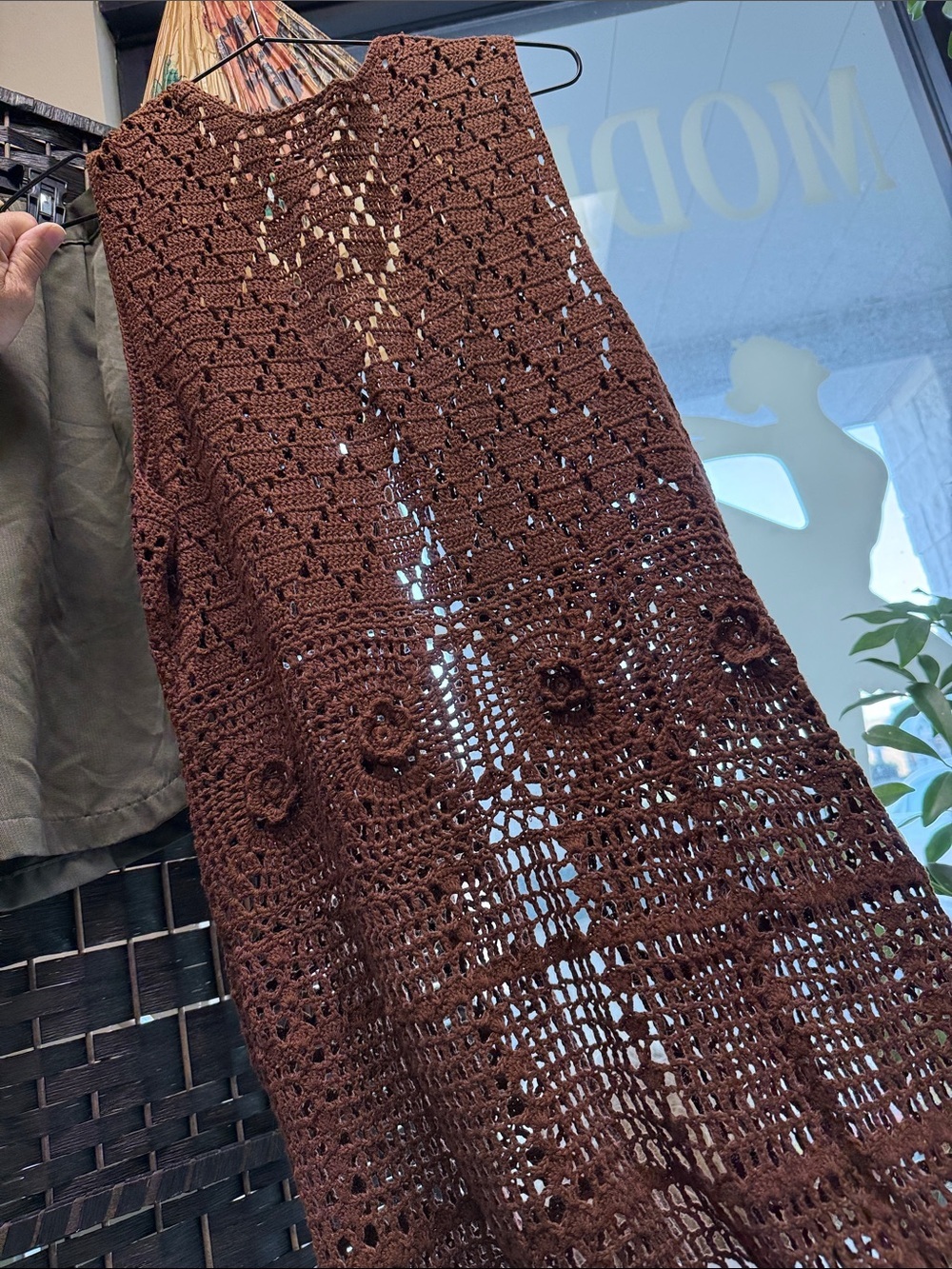 Vintage,  Crochet Long Chocolate Brown Open-Front Sweater Vest so very lovely